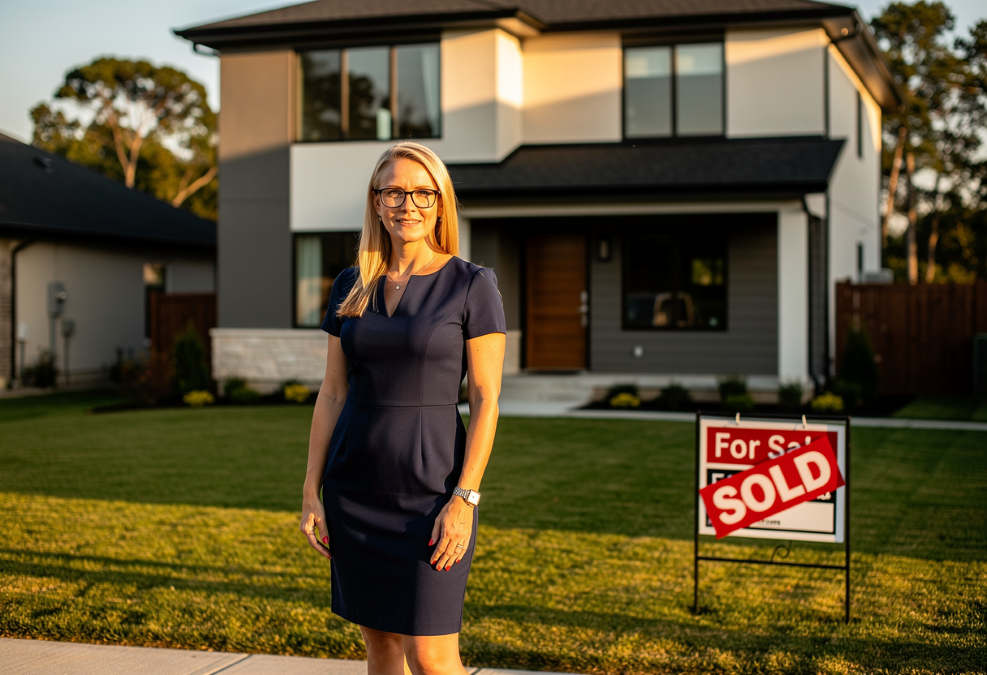 New Colorado Teacher Home Buying Program; Image of female teacher in blue dress in front of white house with a sold sign over the for sale sign.